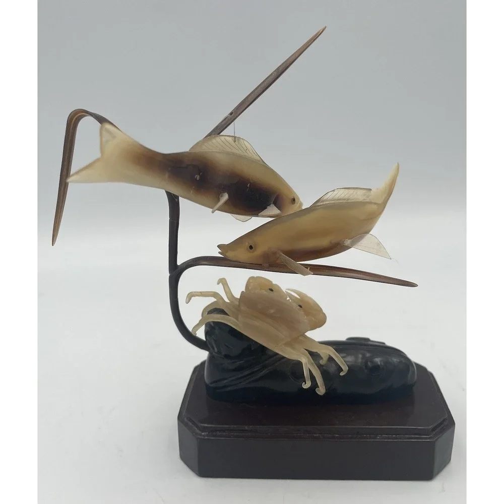 Vtg Asian Marine Sea Sculpture Horn Hand Carved Fish Crab Resin Beach Cabin